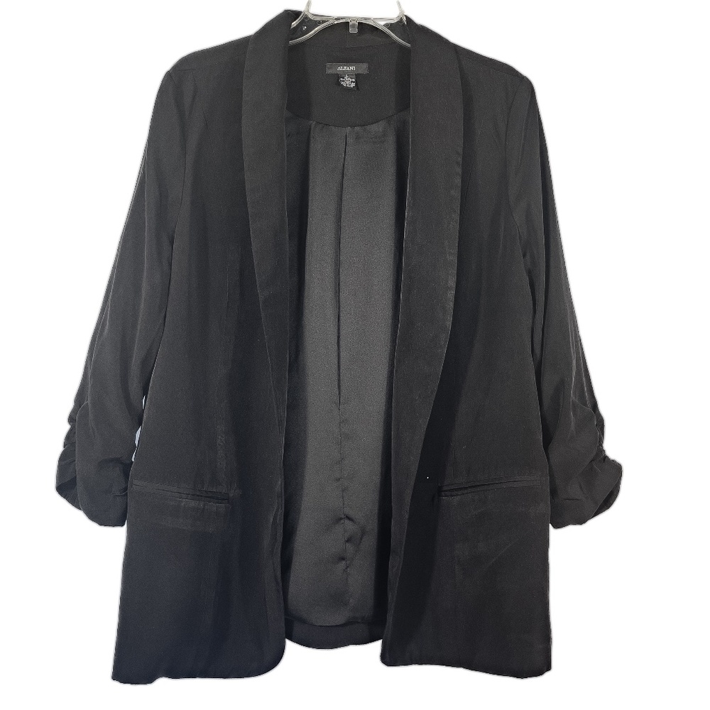 Black Shawl Collar Scrunched Sleeve Open Front Blazer